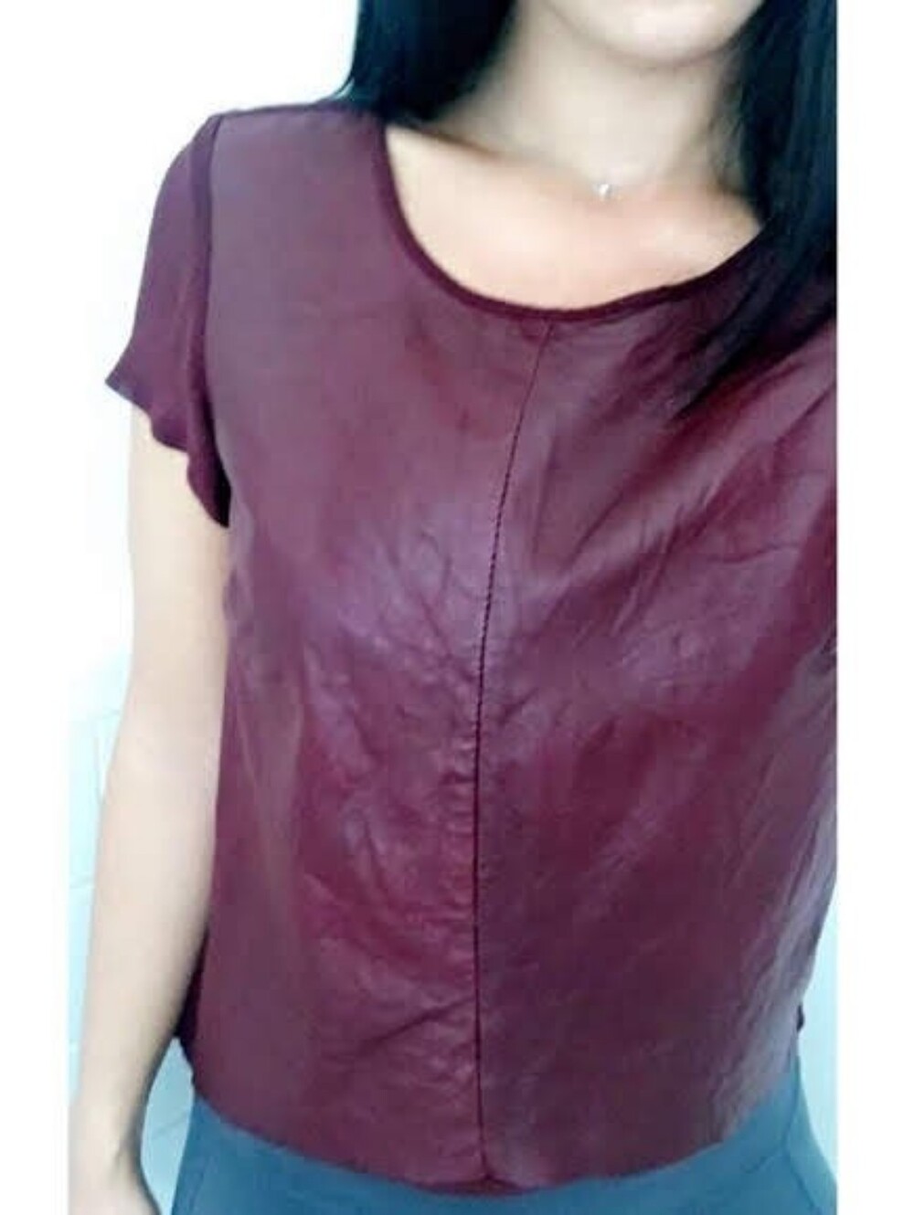 TOPSHOP Women’s Burgundy Short Sleeve Faux Leather Top